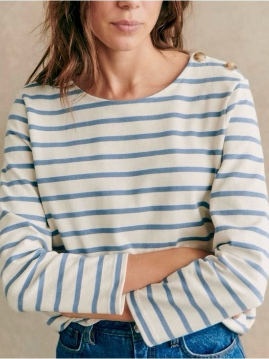 Sezane Tops - Sezane Colette Cotton Stripes Ivory Blue Crewneck Long Sleeve T-shirt L